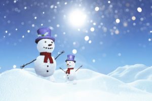 3d snowmen in snowy landscape